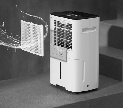 Portable dehumidifier for bedroom featuring smart humidity control, designed for quiet operation and capable of removing 30 pints of moisture daily. 2