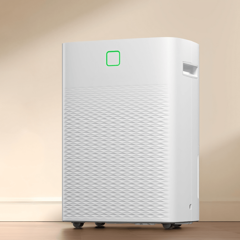 Portable dehumidifier for bedroom featuring smart humidity control, designed for quiet operation and capable of removing 30 pints of moisture daily. 0