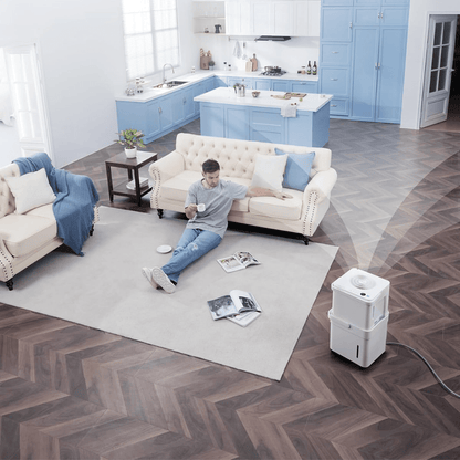 Portable dehumidifier for home moisture control featuring a large tank and smart features, designed for compact use in bedrooms or bathrooms. 2