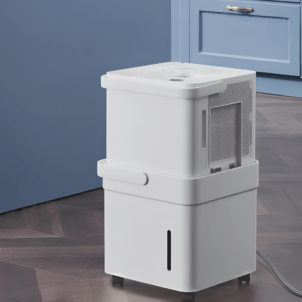 Portable dehumidifier for home moisture control featuring a large tank and smart features, designed for compact use in bedrooms or bathrooms. 0