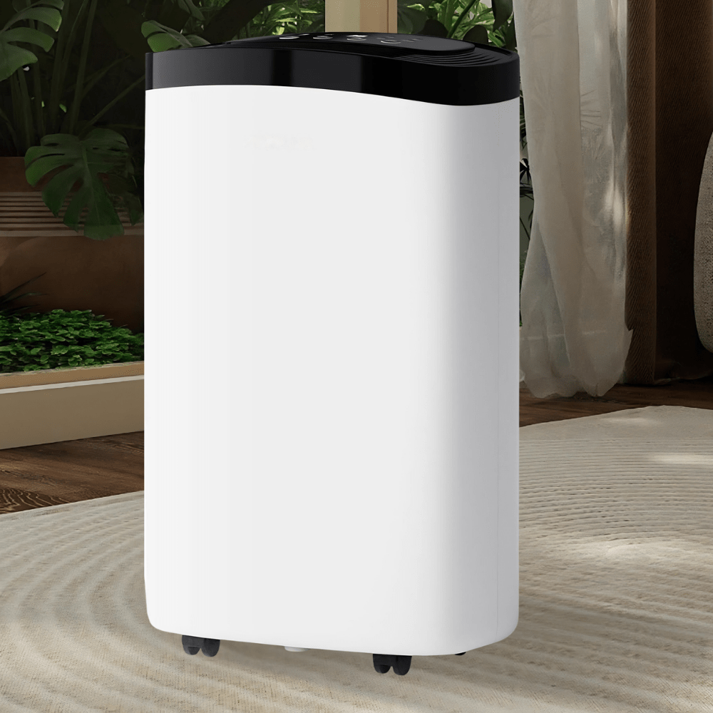 Portable dehumidifier designed for large rooms, featuring quiet operation and efficient moisture control, capable of removing 14.2 liters of humidity per day, 0