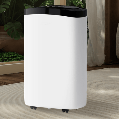 Portable dehumidifier designed for large rooms, featuring quiet operation and efficient moisture control, capable of removing 14.2 liters of humidity per day, 0