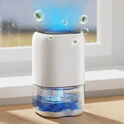 Portable dehumidifier designed for small rooms, featuring a 35oz tank, auto shut-off function, and quiet operation, ideal for bathrooms and bedrooms 0