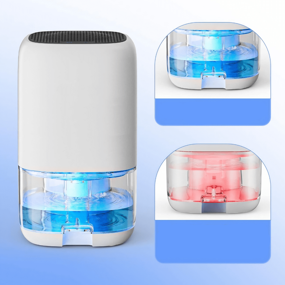 Portable dehumidifier designed for small rooms, featuring a 35oz tank, auto shut-off function, and quiet operation, ideal for bathrooms and bedrooms 2