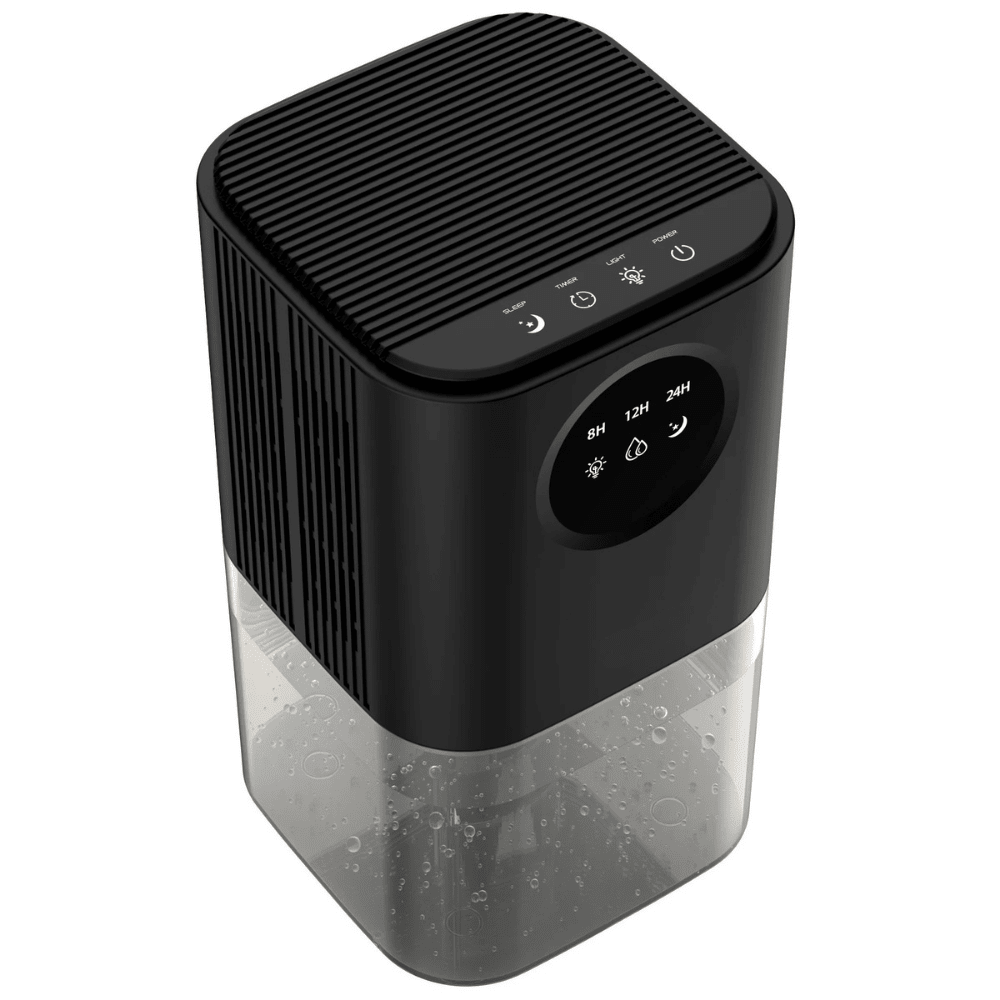 Portable dehumidifier designed for small spaces, featuring a timer and soothing night light, perfect for quiet operation in bedrooms and bathrooms. 2