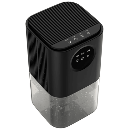 Portable dehumidifier designed for small spaces, featuring a timer and soothing night light, perfect for quiet operation in bedrooms and bathrooms. 2