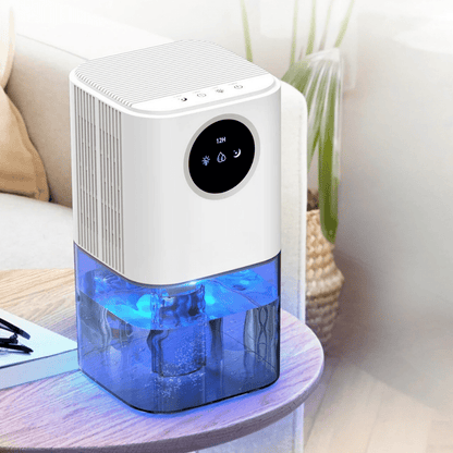 Portable dehumidifier designed for small spaces, featuring a timer and soothing night light, perfect for quiet operation in bedrooms and bathrooms. 3
