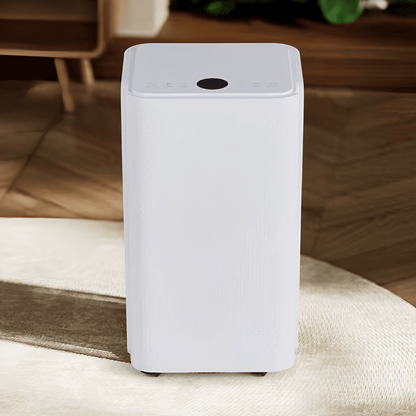 Portable dehumidifier with 50 pint capacity, featuring continuous drainage, designed for large rooms like bathrooms and bedrooms. 0