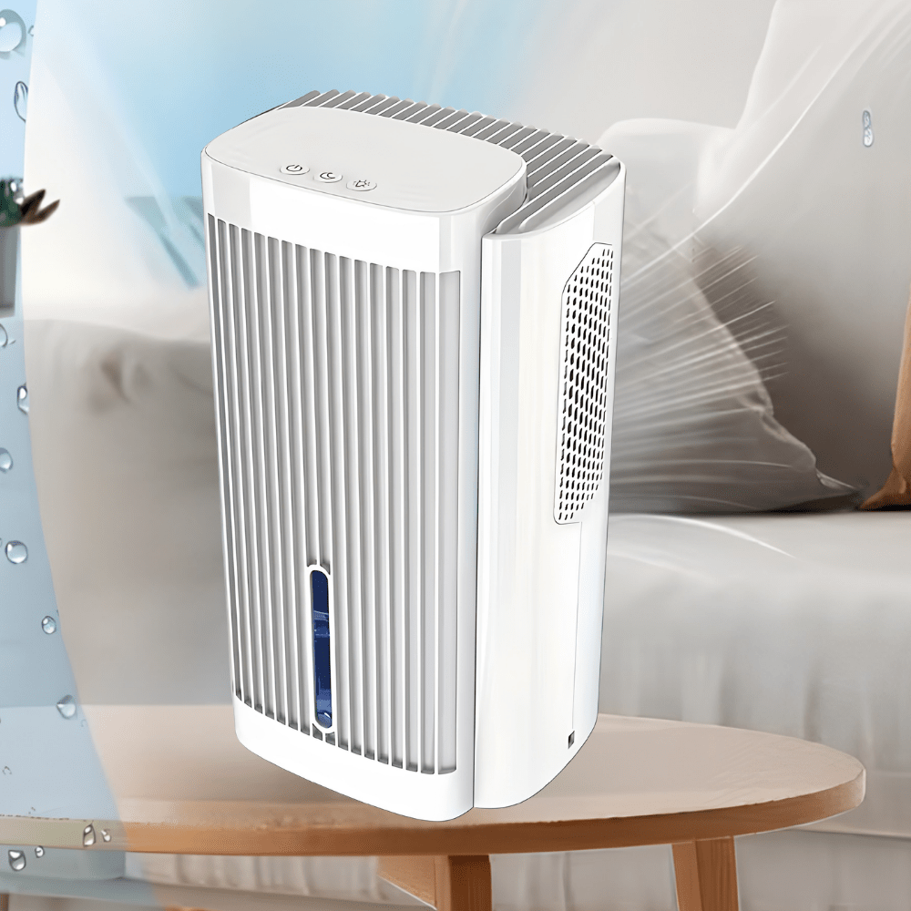 Portable dehumidifier with quiet sleep mode, featuring a 95oz tank and modern compact design, ideal for bedroom and bathroom use. 1