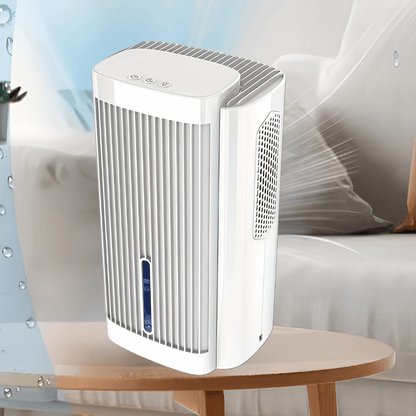 Portable dehumidifier with quiet sleep mode, featuring a 95oz tank and modern compact design, ideal for bedroom and bathroom use. 1