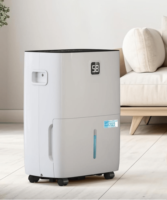 Portable dehumidifier with smart humidity control, designed for large rooms, featuring energy-efficient and quiet operation, perfect for bedrooms and living spaces. 4