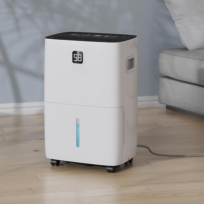 Portable dehumidifier with smart humidity control, designed for large rooms, featuring energy-efficient and quiet operation, perfect for bedrooms and living spaces. 0