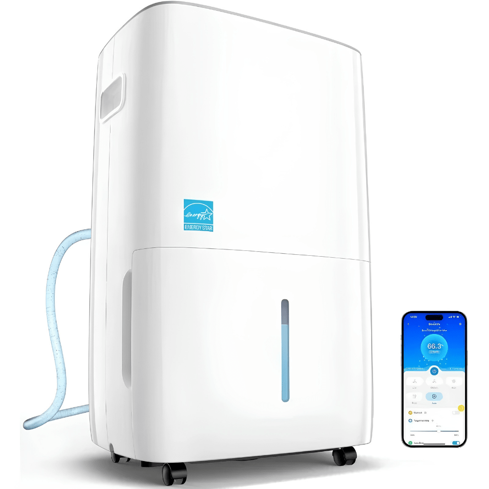 Portable dehumidifier featuring smart moisture control and voice activation, designed for energy efficiency in bedrooms and home use. 2