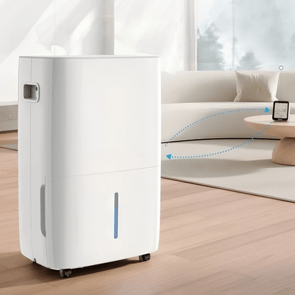 Portable dehumidifier featuring smart moisture control and voice activation, designed for energy efficiency in bedrooms and home use. 0