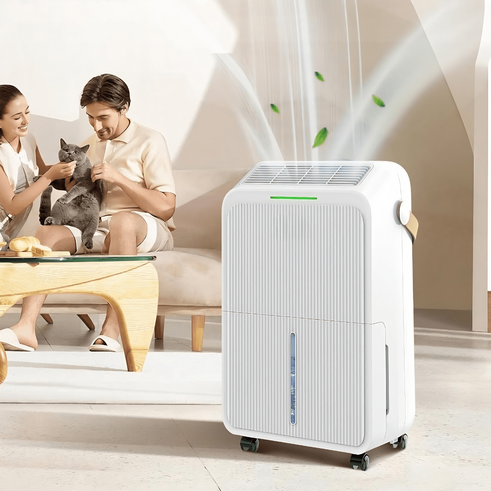Portable dehumidifier designed for bedrooms and large rooms, featuring smart multi-mode functionality and quiet operation, capable of removing 34 pints of moisture. 0