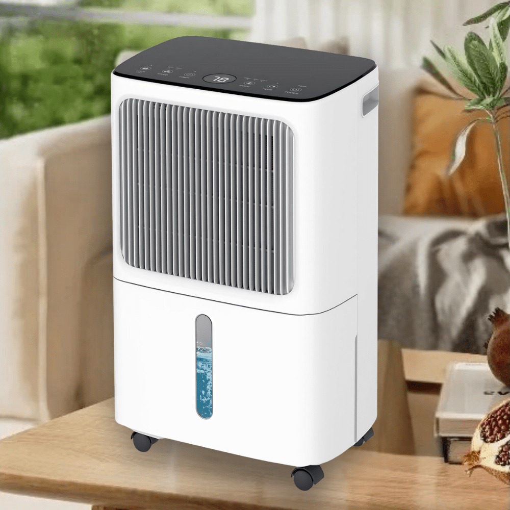 Portable dehumidifier with smart multi modes and quiet operation, designed for bedrooms, featuring a compact 2L moisture control unit. 0