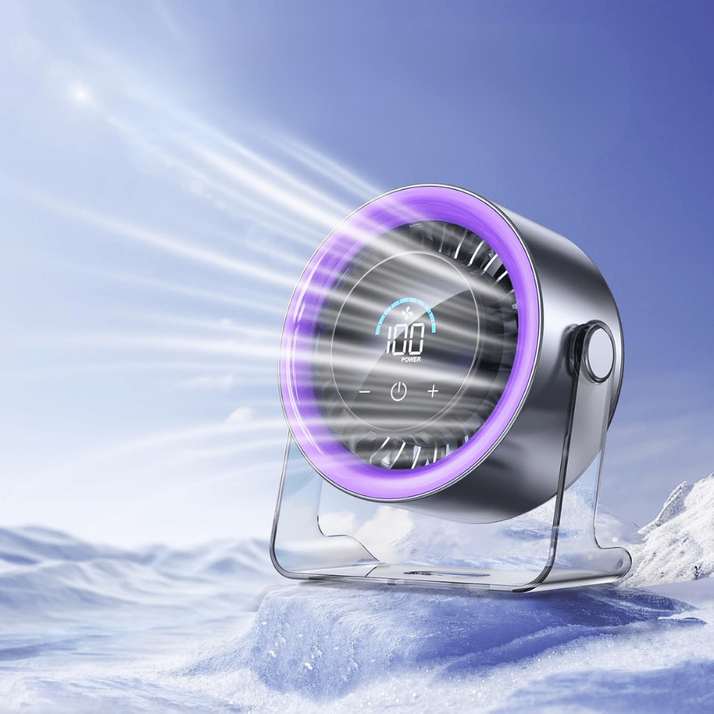 Portable desk fan featuring adjustable speeds, USB-C charging, and a quiet oscillating design, perfect for home or office use. 0