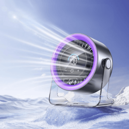 Portable desk fan featuring adjustable speeds, USB-C charging, and a quiet oscillating design, perfect for home or office use. 0