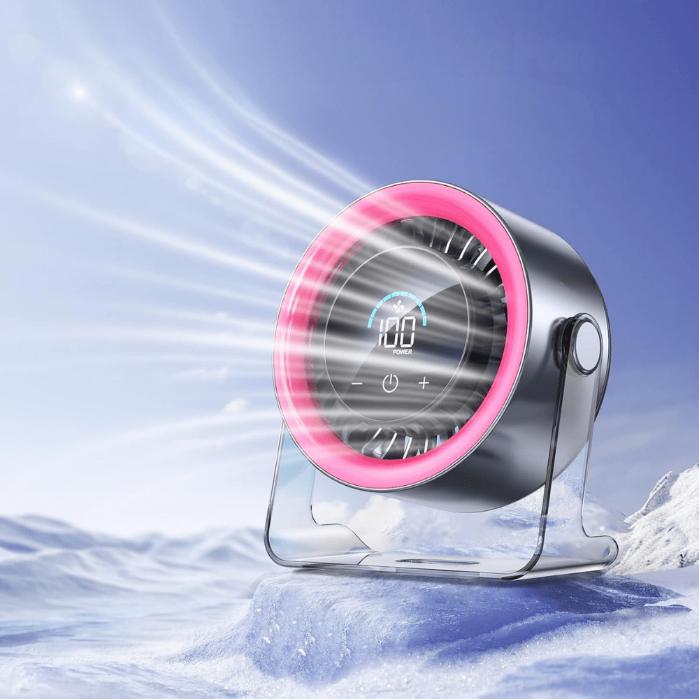 Portable desk fan featuring adjustable speeds, USB-C charging, and a quiet oscillating design, perfect for home or office use. 6