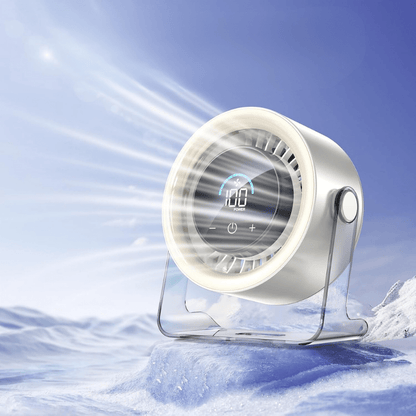 Portable desk fan featuring adjustable speeds, USB-C charging, and a quiet oscillating design, perfect for home or office use. 4
