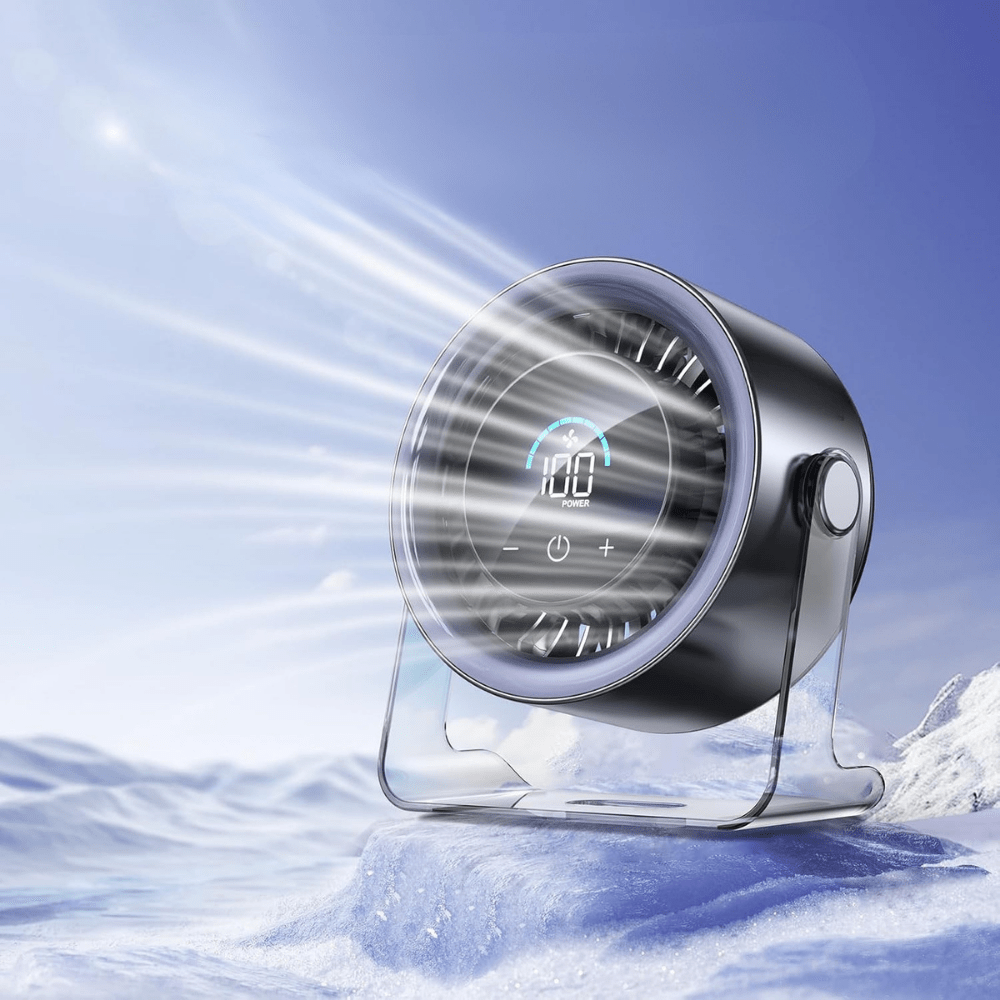 Portable desk fan featuring adjustable speeds, USB-C charging, and a quiet oscillating design, perfect for home or office use. 2