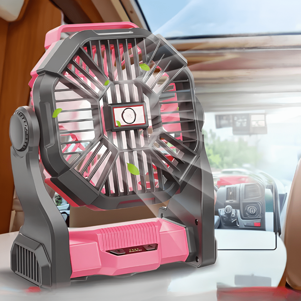 Portable desk fan in pink with a rechargeable battery and built-in LED lantern, perfect for travel and outdoor use. 0