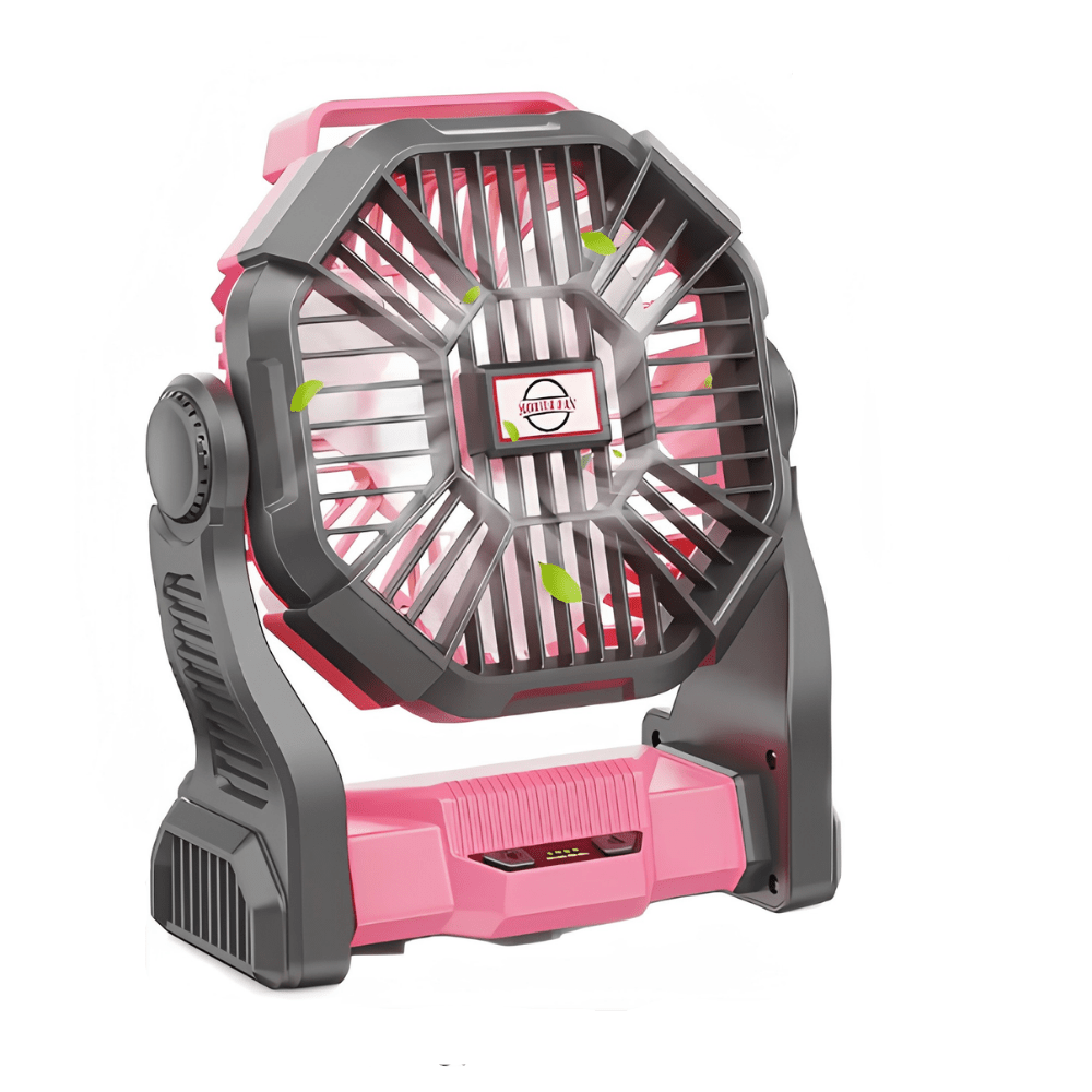 Portable desk fan in pink with a rechargeable battery and built-in LED lantern, perfect for travel and outdoor use. 3