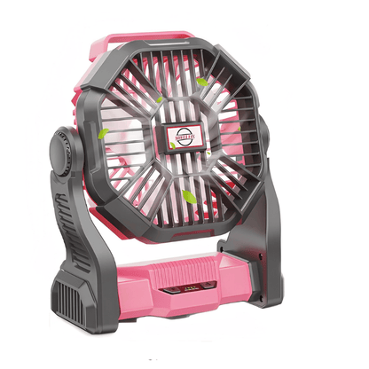 Portable desk fan in pink with a rechargeable battery and built-in LED lantern, perfect for travel and outdoor use. 3