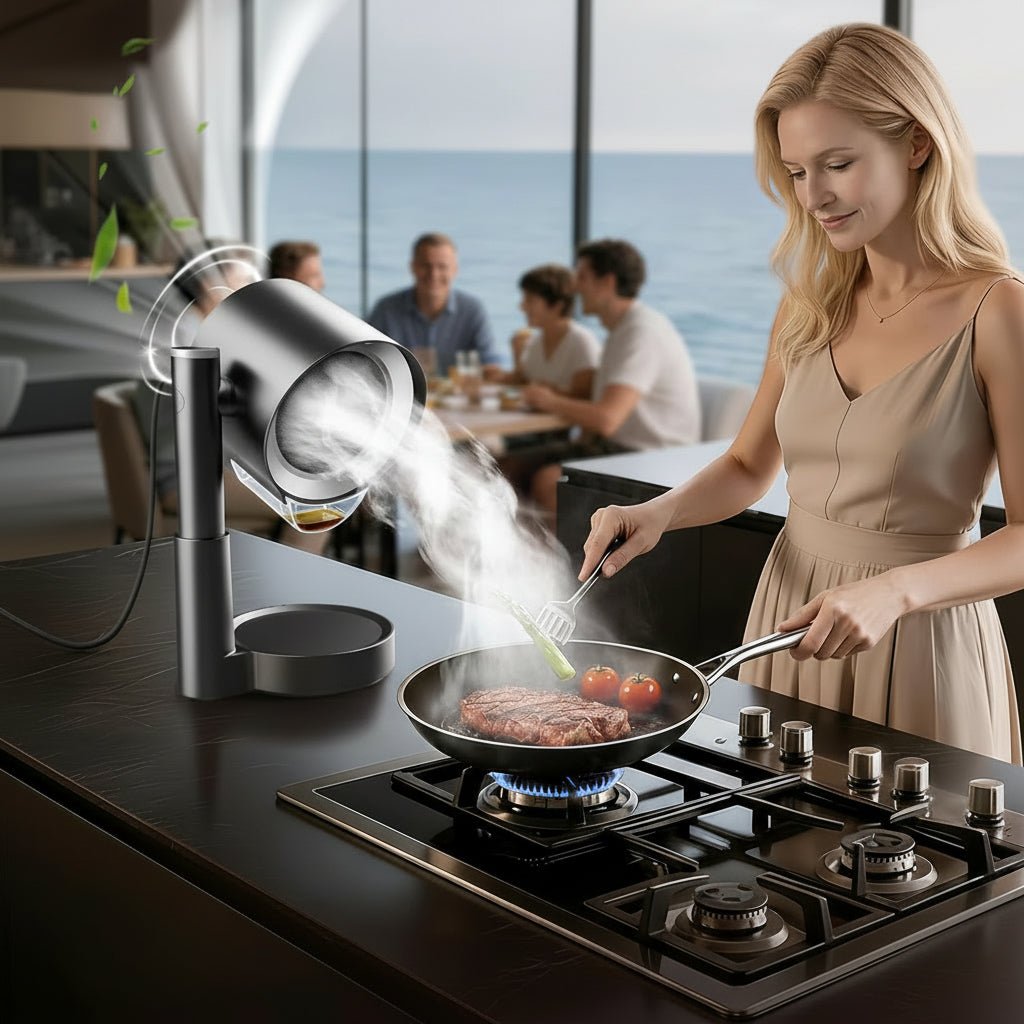 Portable ductless range hood designed for compact kitchens, featuring adjustable coverage and an efficient exhaust fan, ideal for small spaces. 0