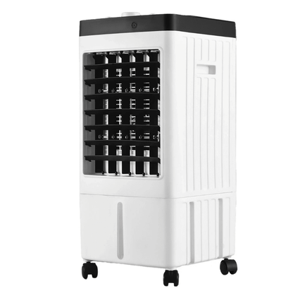Portable evaporative air cooler featuring a remote control and oscillation function, designed for energy-efficient cooling in home and office environments. 1