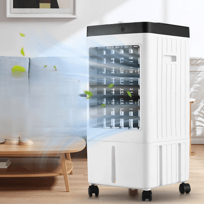 Portable evaporative air cooler featuring a remote control and oscillation function, designed for energy-efficient cooling in home and office environments. 0