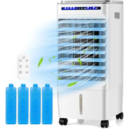 Portable evaporative air cooler in white, featuring a remote control and timer for convenient personal cooling, designed for compact spaces. 0