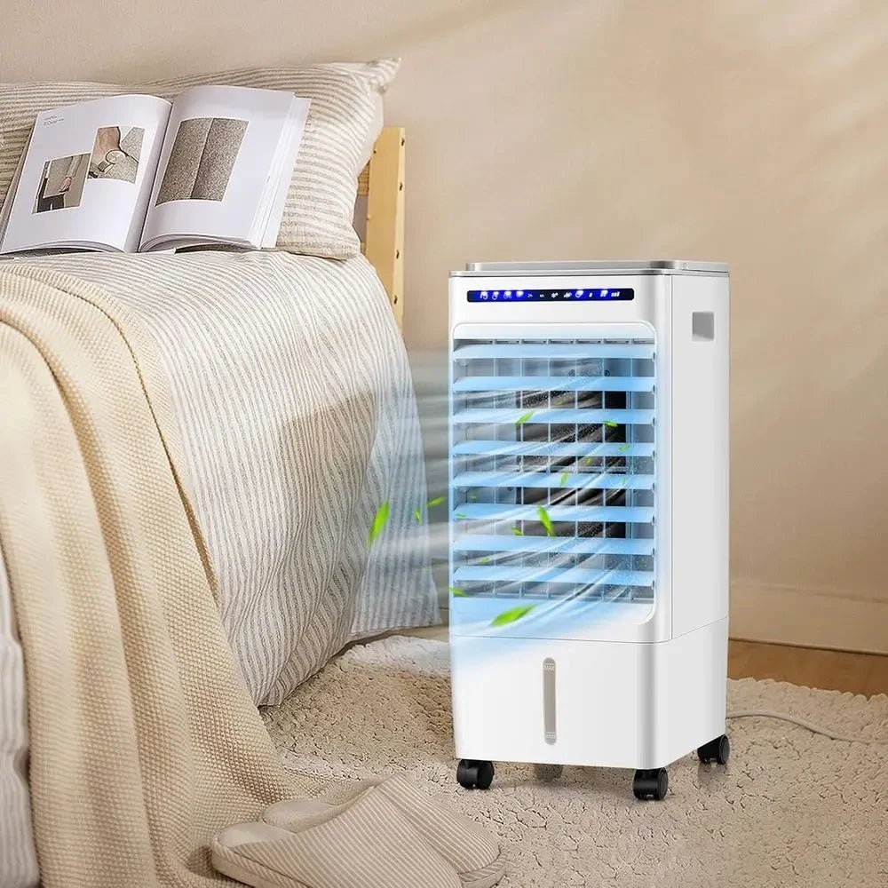 Portable evaporative air cooler in white, featuring a remote control and timer for convenient personal cooling, designed for compact spaces. 1
