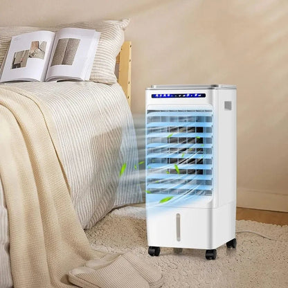 Portable evaporative air cooler in white, featuring a remote control and timer for convenient personal cooling, designed for compact spaces. 1