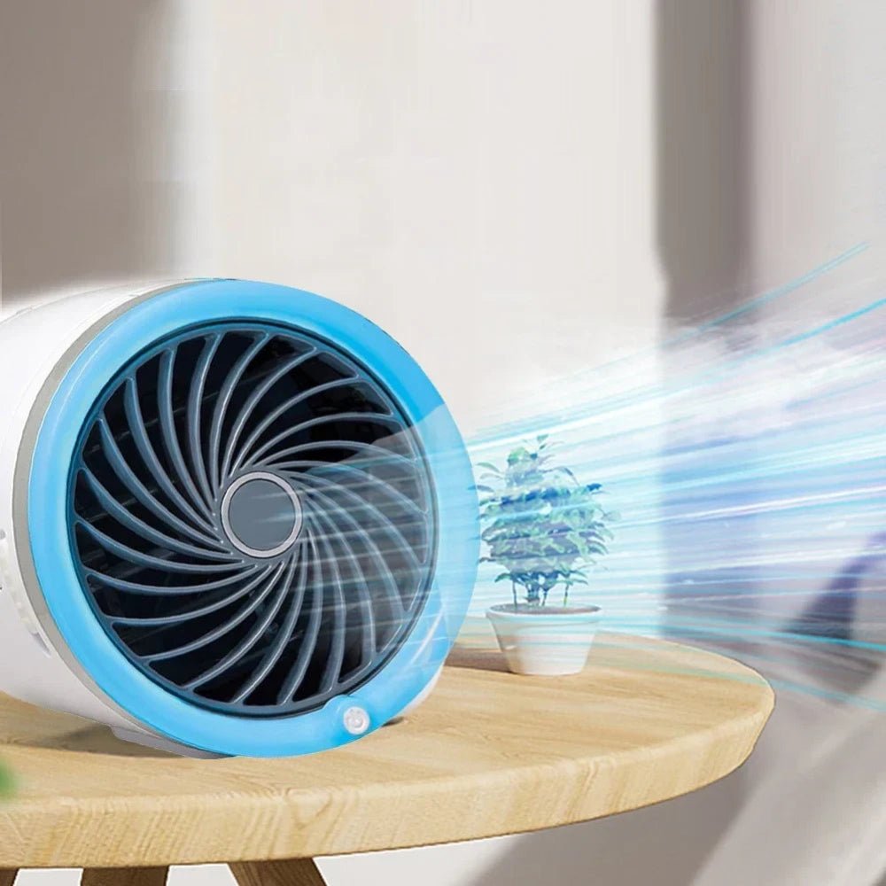 Portable evaporative cooler with LED lights, designed as a mini fan for personal use, featuring a sleek and compact design perfect for home or office settings. 1