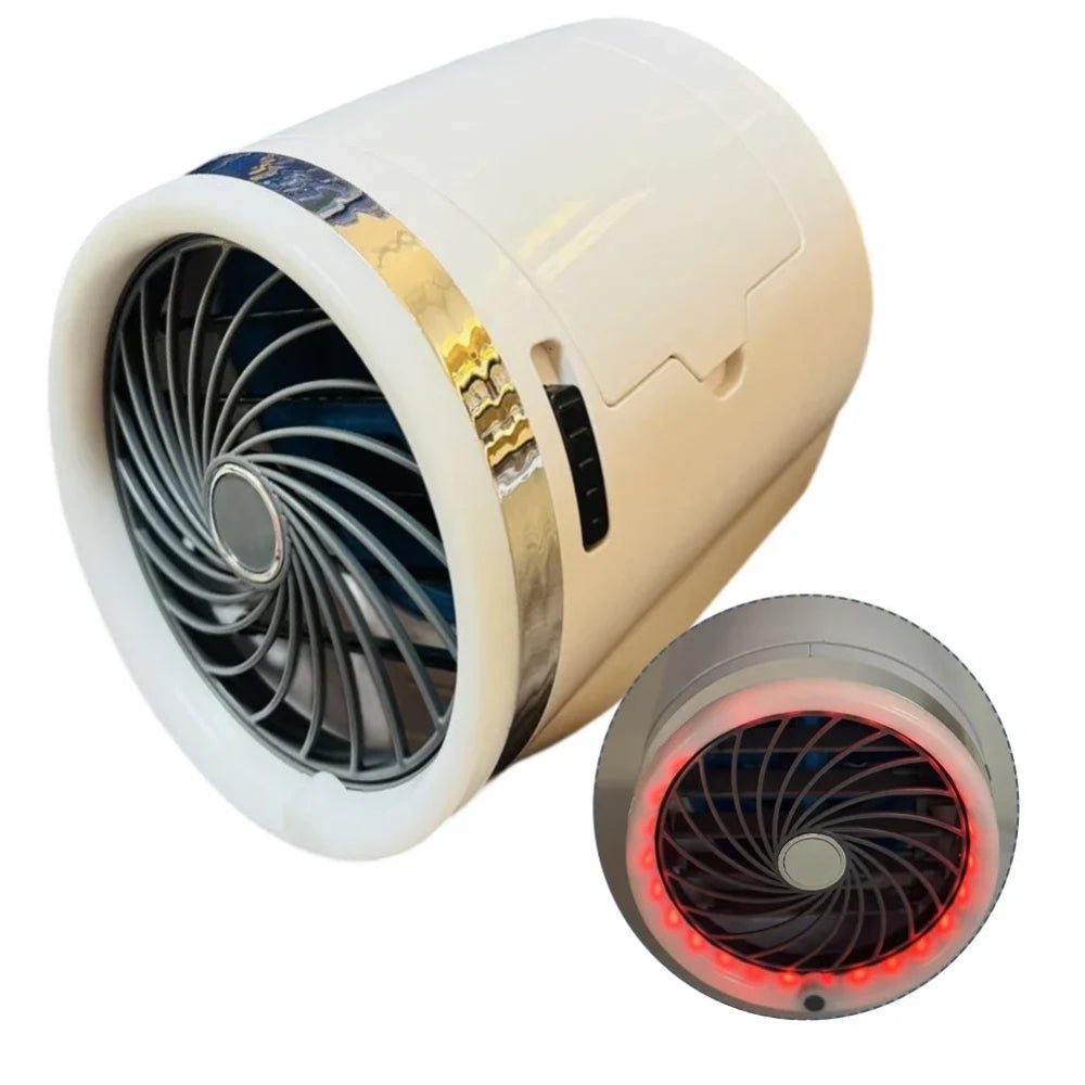 Portable evaporative cooler with LED lights, designed as a mini fan for personal use, featuring a sleek and compact design perfect for home or office settings. 4