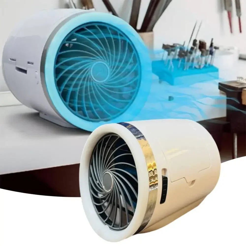 Portable evaporative cooler with LED lights, designed as a mini fan for personal use, featuring a sleek and compact design perfect for home or office settings. 2