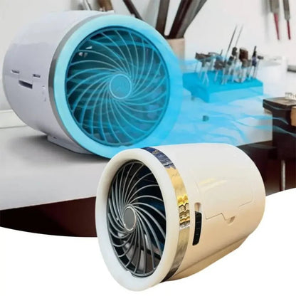Portable evaporative cooler with LED lights, designed as a mini fan for personal use, featuring a sleek and compact design perfect for home or office settings. 2