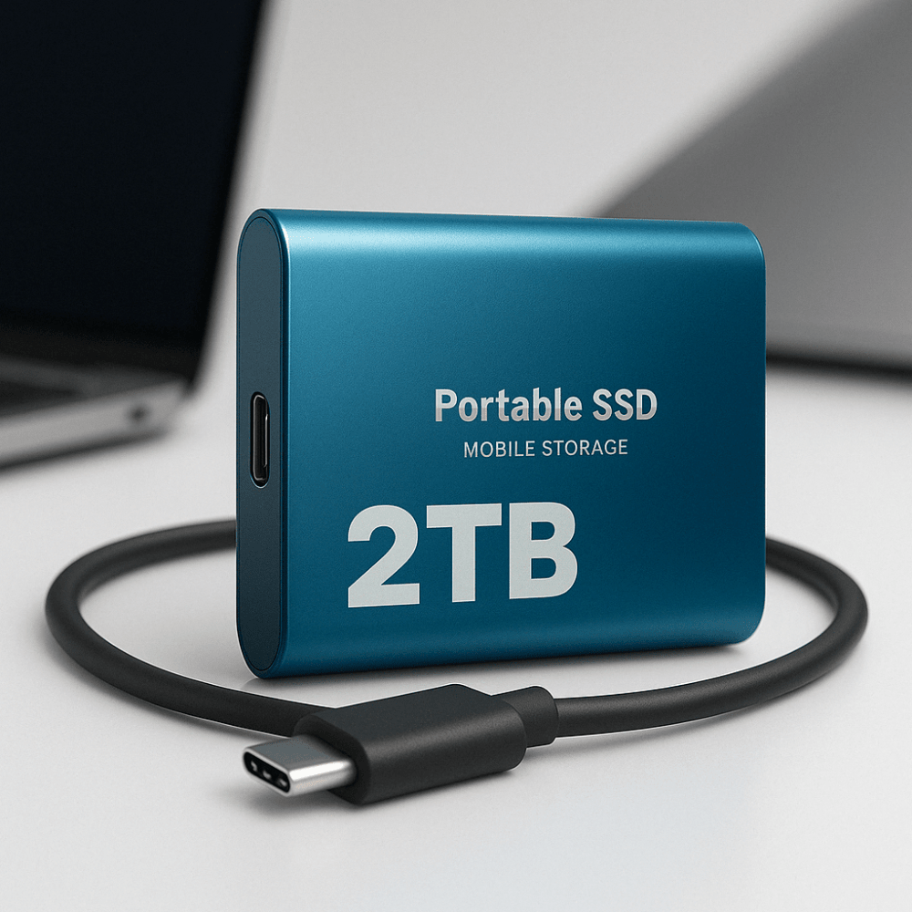 Portable external SSD featuring high-speed USB C transfer, compact design, and shock-resistant construction for reliable data storage on-the-go. 2