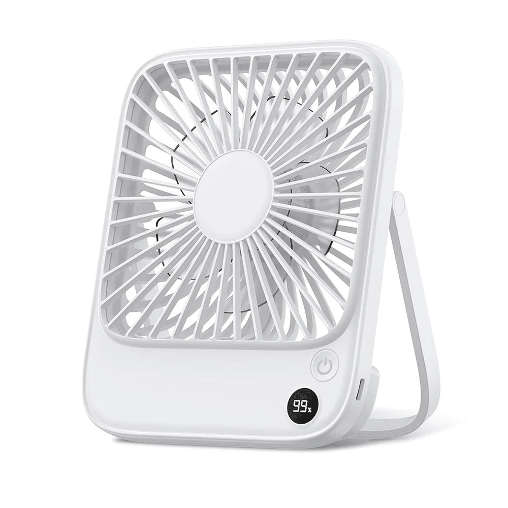 Portable fan with adjustable speed settings and USB rechargeable battery, designed for travel and camping, compact and lightweight for easy portability. 2