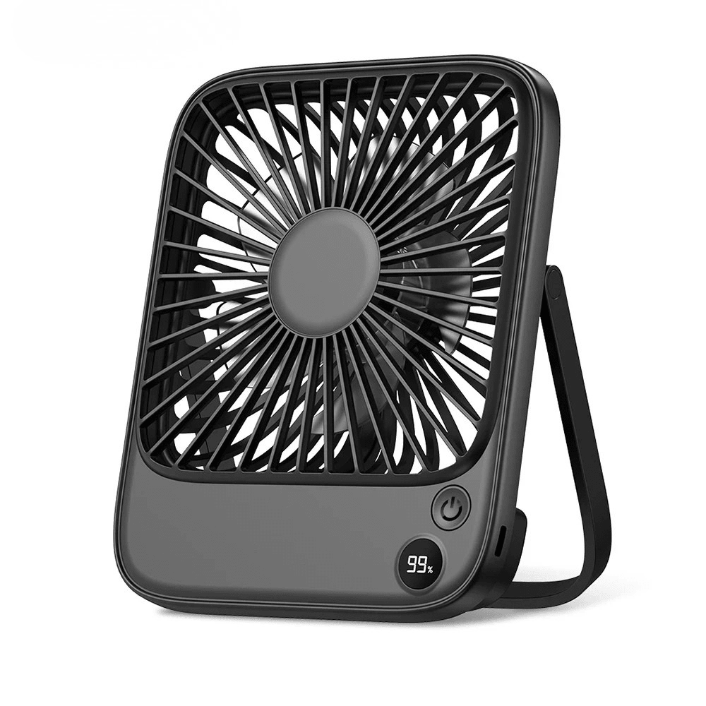Portable fan with adjustable speed settings and USB rechargeable battery, designed for travel and camping, compact and lightweight for easy portability. 1