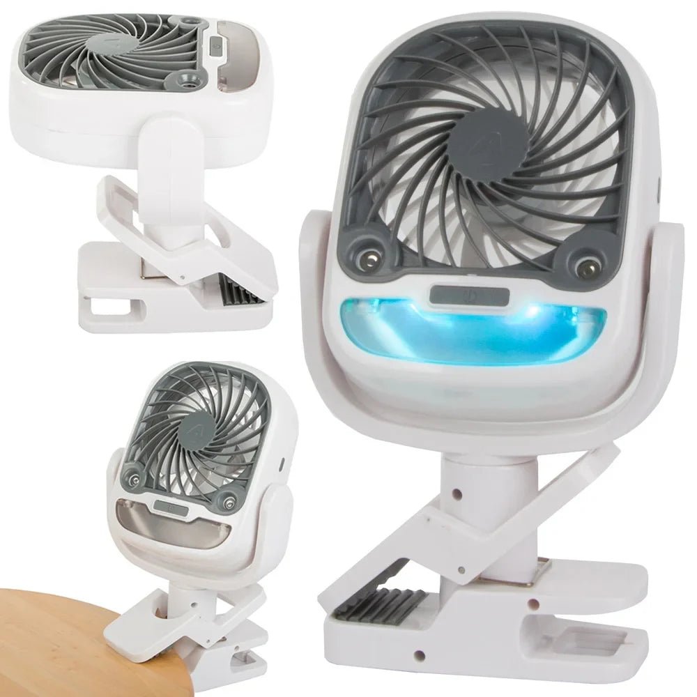 Portable fan with USB rechargeable battery and foldable design, perfect for travel and desk use, providing convenient cooling on-the-go. 4