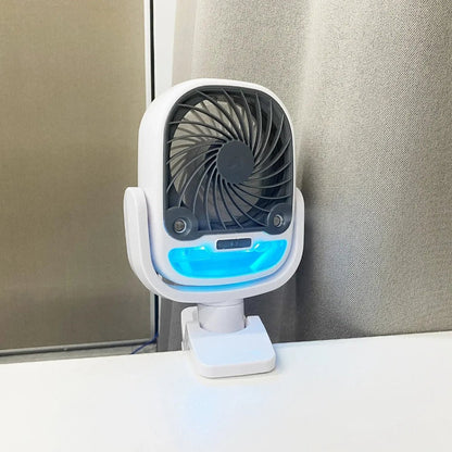 Portable fan with USB rechargeable battery and foldable design, perfect for travel and desk use, providing convenient cooling on-the-go. 2