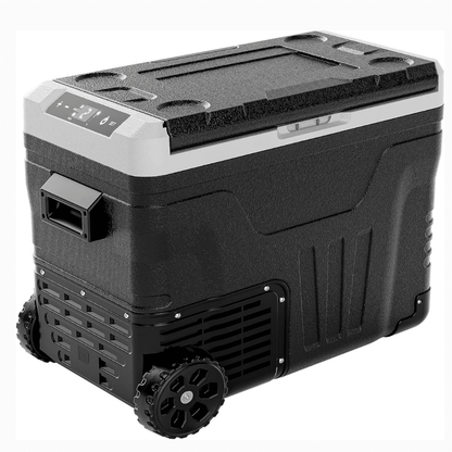 Portable fridge freezer featuring dual zone cooling, 53QT capacity, and rolling wheels, perfect for camping and travel, designed for 12V car use 5