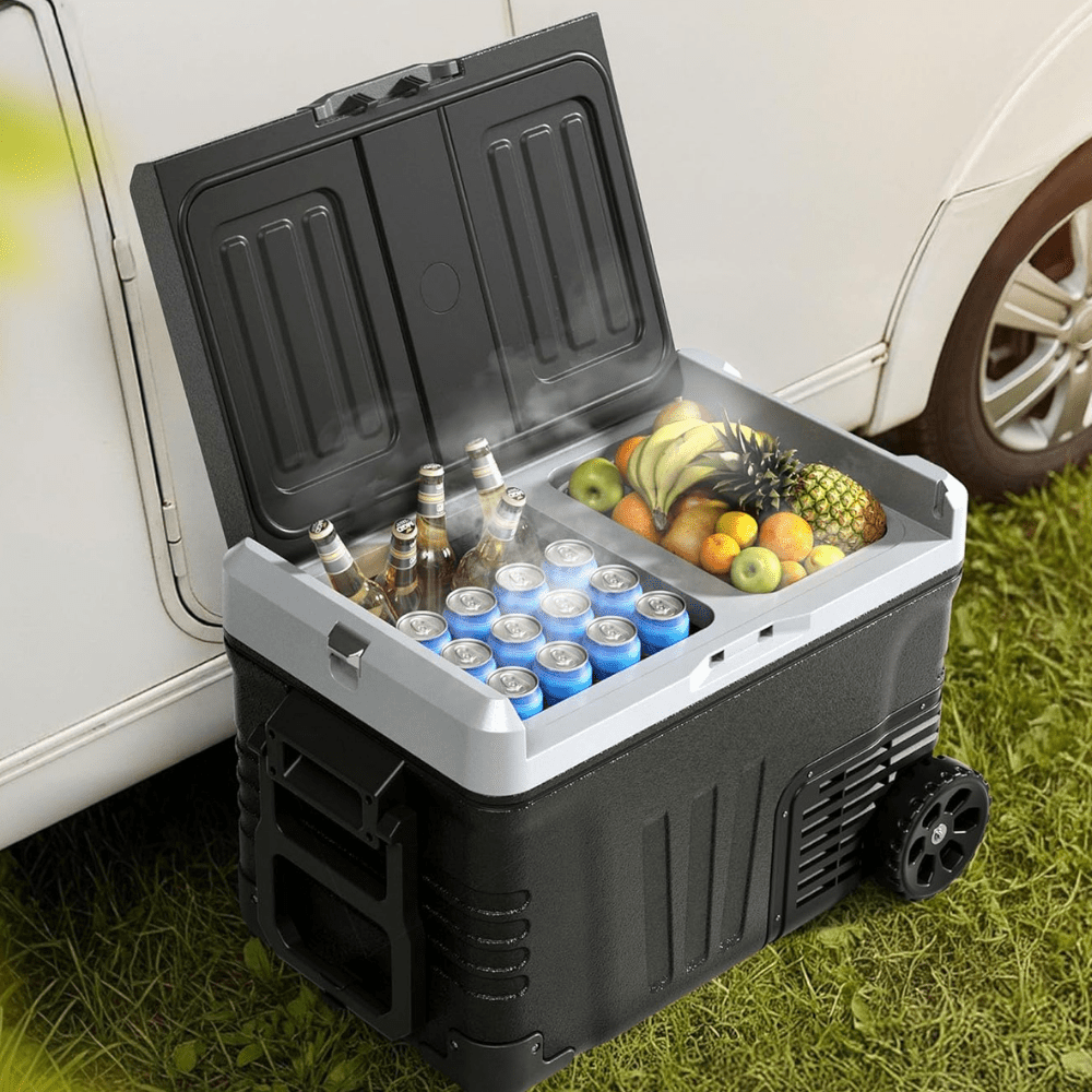 Portable fridge freezer featuring dual zone cooling, 53QT capacity, and rolling wheels, perfect for camping and travel, designed for 12V car use 0