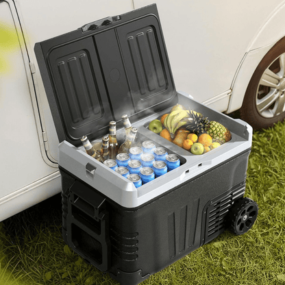 Portable fridge freezer featuring dual zone cooling, 53QT capacity, and rolling wheels, perfect for camping and travel, designed for 12V car use 0