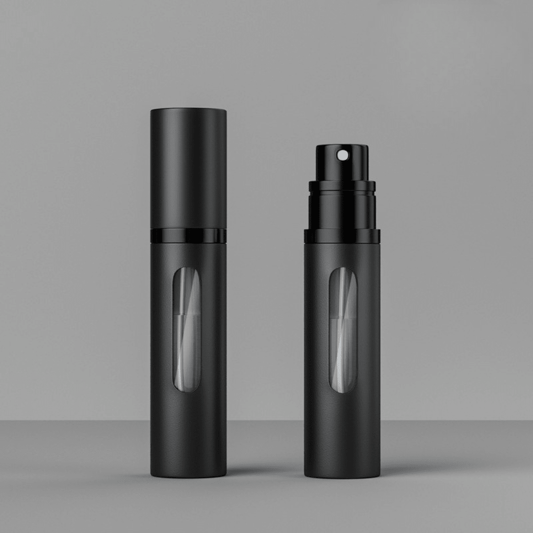 Portable Glass Spray Atomizer in Silver and Black, featuring a refillable design for convenient travel and easy perfume dispensing. 4