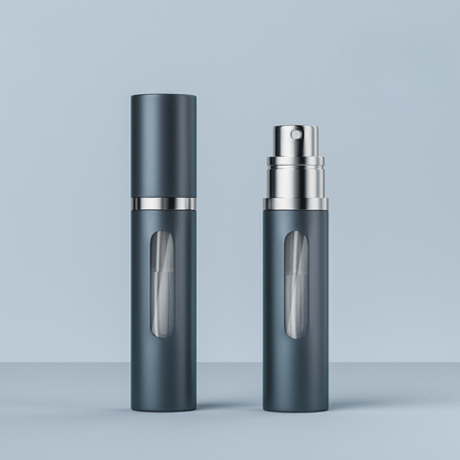 Portable Glass Spray Atomizer in Silver and Black, featuring a refillable design for convenient travel and easy perfume dispensing. 0