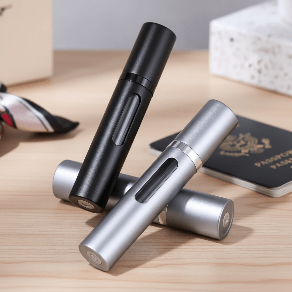 Portable Glass Spray Atomizer in Silver and Black, featuring a refillable design for convenient travel and easy perfume dispensing. 1