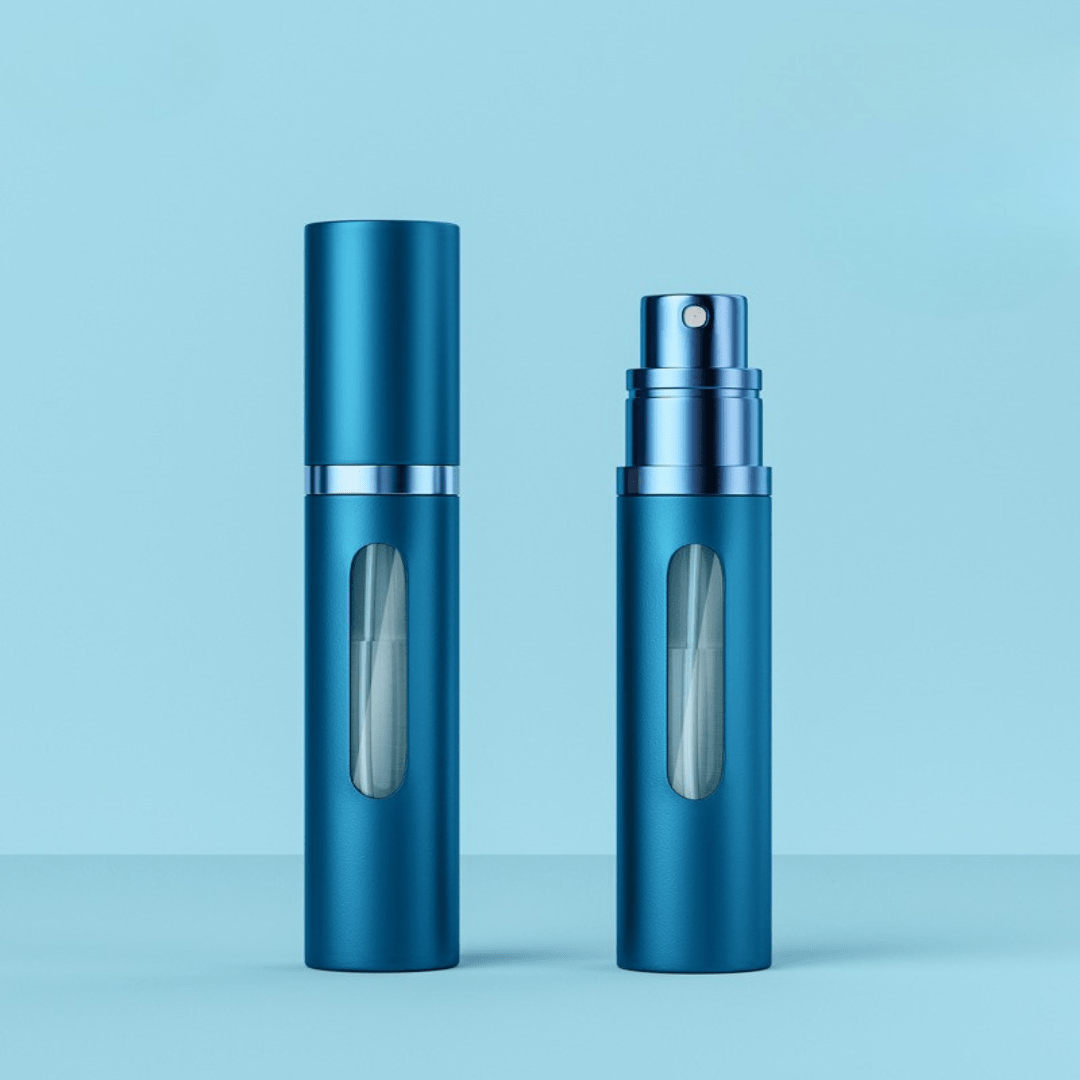 Portable Glass Spray Atomizer in Silver and Black, featuring a refillable design for convenient travel and easy perfume dispensing. 7